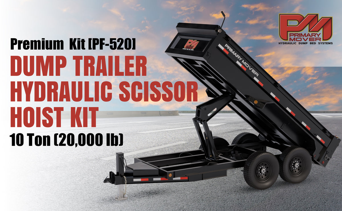 Hydraulic Scissor Hoist Kit - 10 Ton Capacity - Fits 12-16' Dump Body | PF-520: Trailer with attached lift, tire close-up, road backdrop. Includes cylinder, mounting brackets, hydraulic pump, safety features.