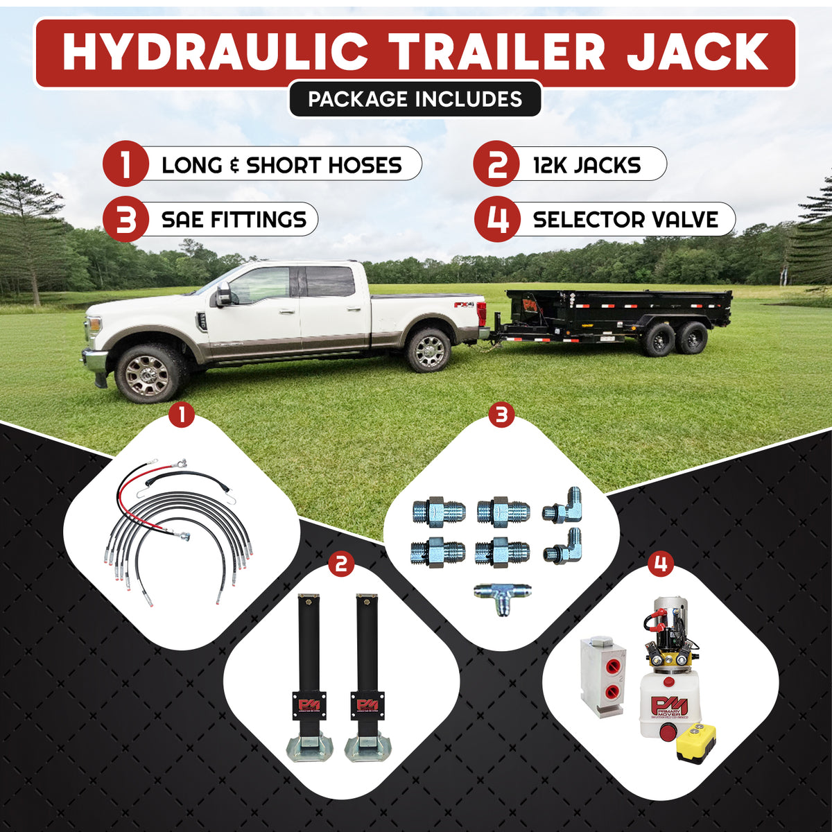 24K Double Hydraulic Trailer Jack Kit, Weld On or Bolt On, featuring a white truck parked on grass, showcasing powerful towing equipment capabilities.