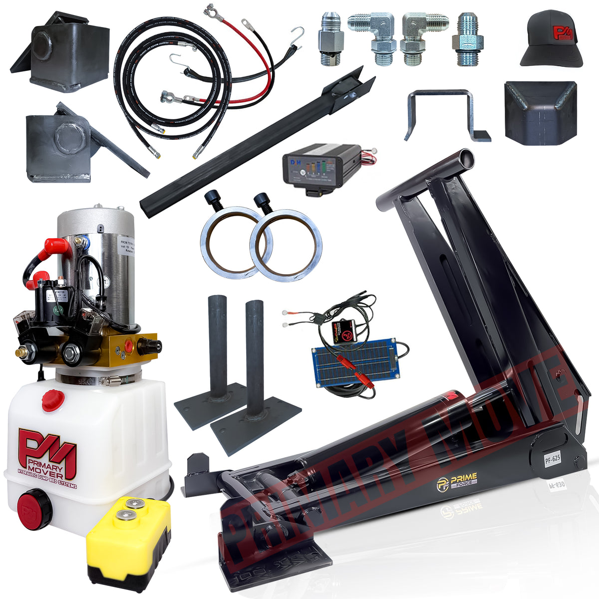 Close-up of 12 Ton HD Hydraulic Scissor Hoist Kit PF-625, showcasing metal rings, reinforced frame, and solar panel charger for 16-20' dump trailers.