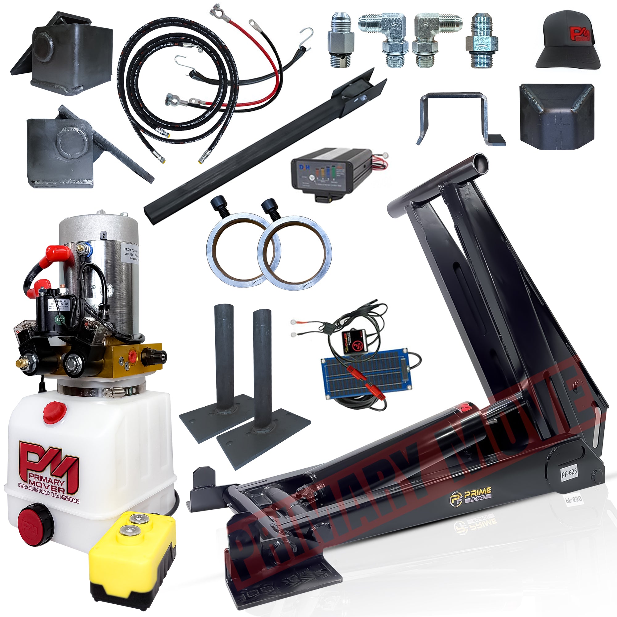 Close-up of 12 Ton HD Hydraulic Scissor Hoist Kit PF-625, showcasing metal rings, reinforced frame, and solar panel charger for 16-20' dump trailers.