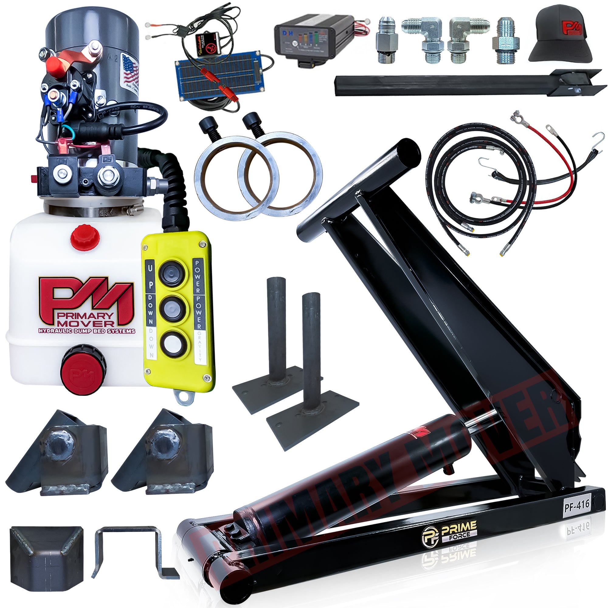 6 Ton Hydraulic Scissor Hoist Kit PF-416, featuring a close-up of the robust cylinder and red knob, designed for 10-14' dump trailers.