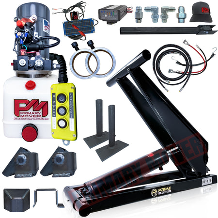 6 Ton Hydraulic Scissor Hoist Kit PF-416, featuring a close-up of the robust cylinder and red knob, designed for 10-14' dump trailers.