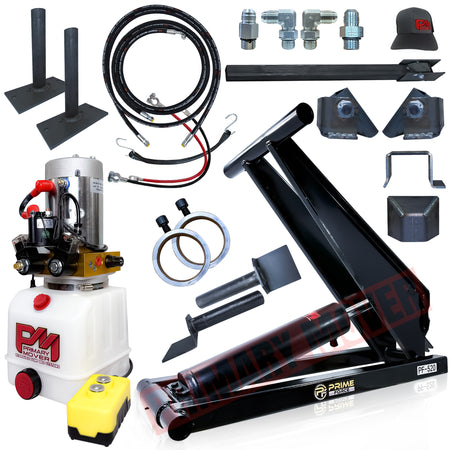 10 Ton Hydraulic Scissor Hoist Kit PF-520, close-up of robust components like a bolt and cylinder, highlighting durability and extended lift reach for dump trailers.