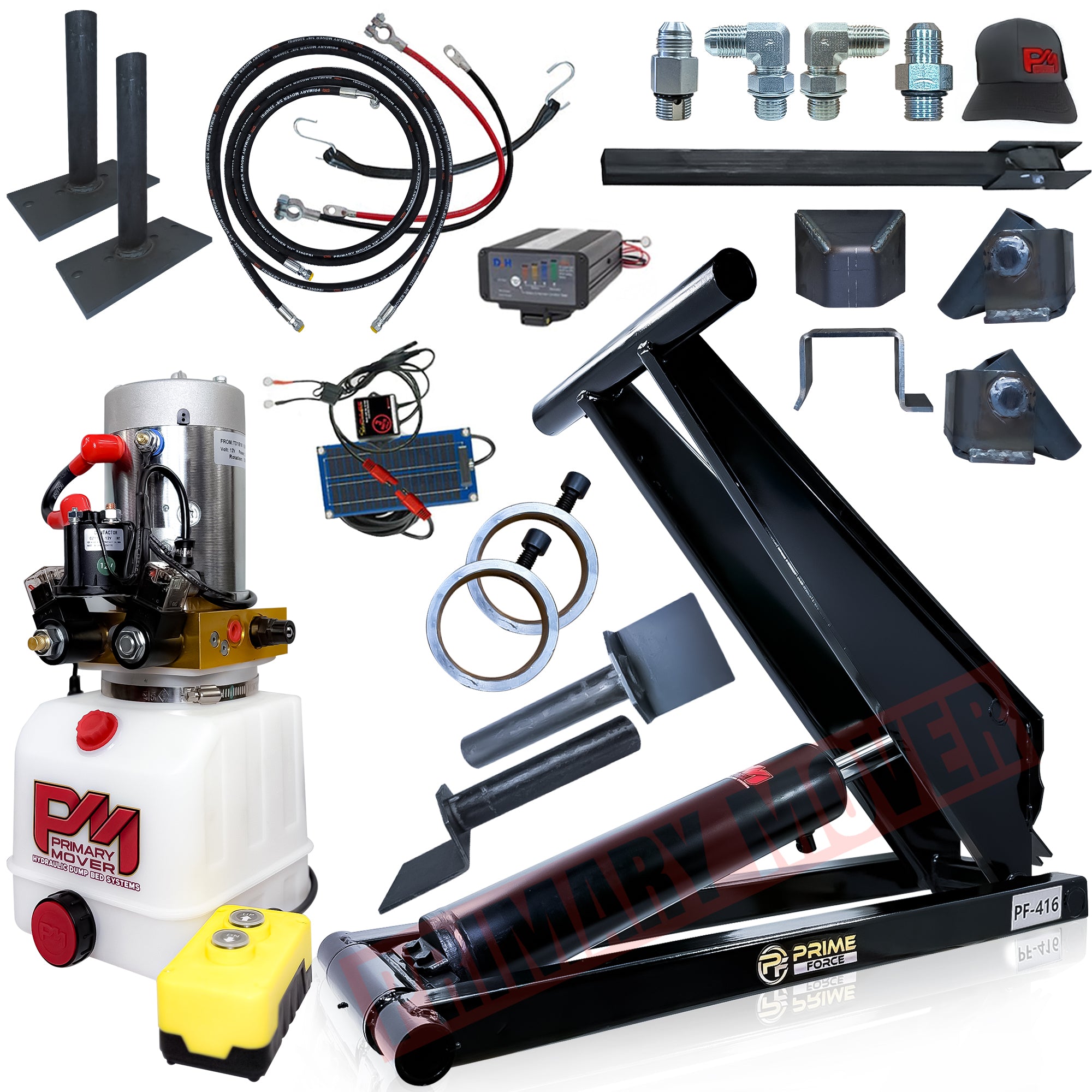 Close-up of the 6 Ton Hydraulic Scissor Hoist Kit PF-416, showing the upgraded 5.5 cylinder, ideal for 10-14' dump trailers.