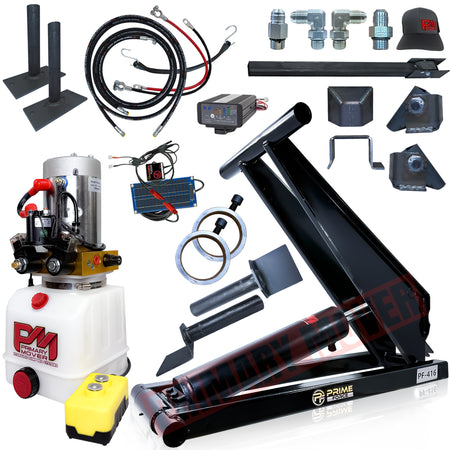 Close-up of the 6 Ton Hydraulic Scissor Hoist Kit PF-416, showing the upgraded 5.5 cylinder, ideal for 10-14' dump trailers.