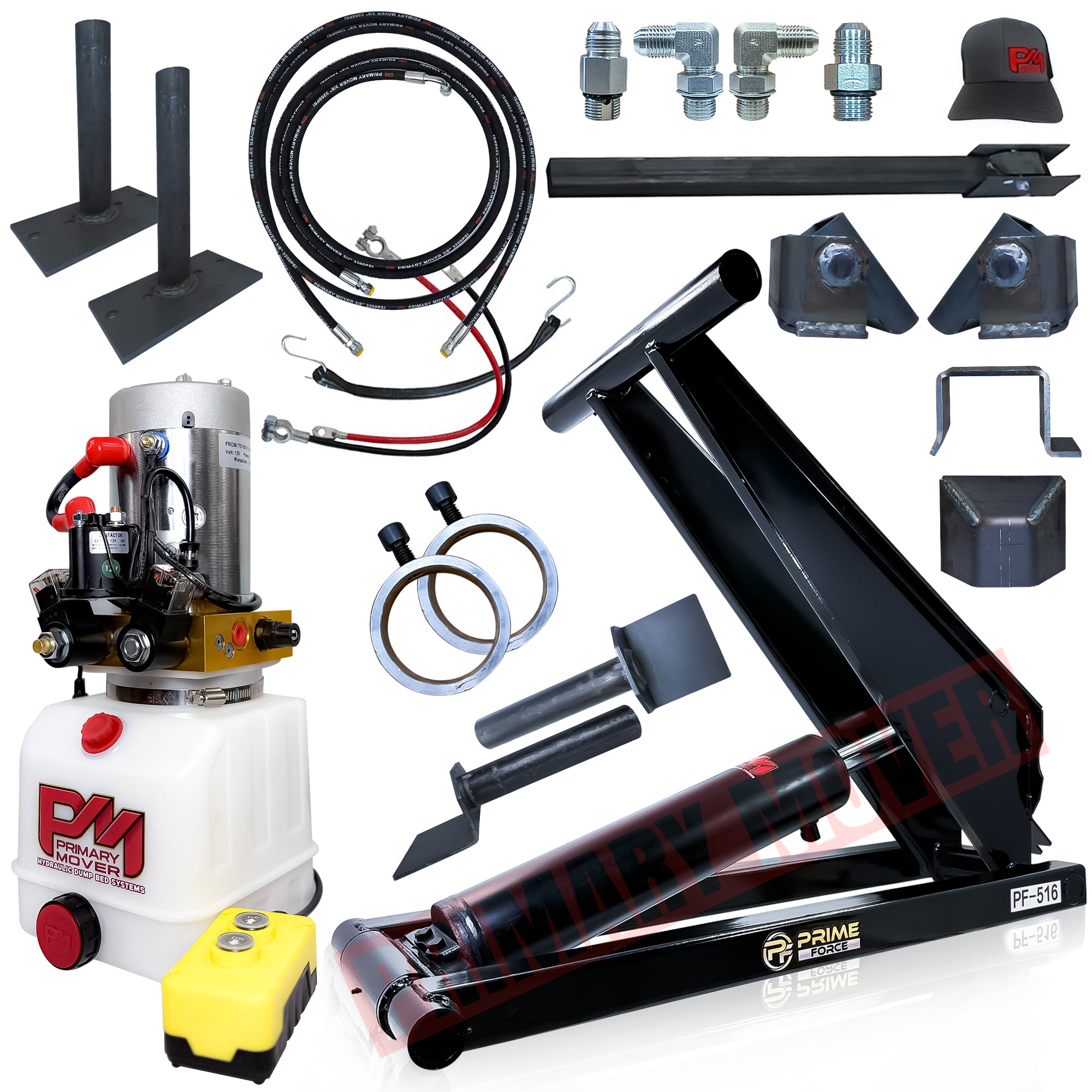 Close-up of the 8 Ton Hydraulic Scissor Hoist Kit PF-516, highlighting the heavy-duty cylinder, mounting brackets, and machine components for 10-14' dump bodies.