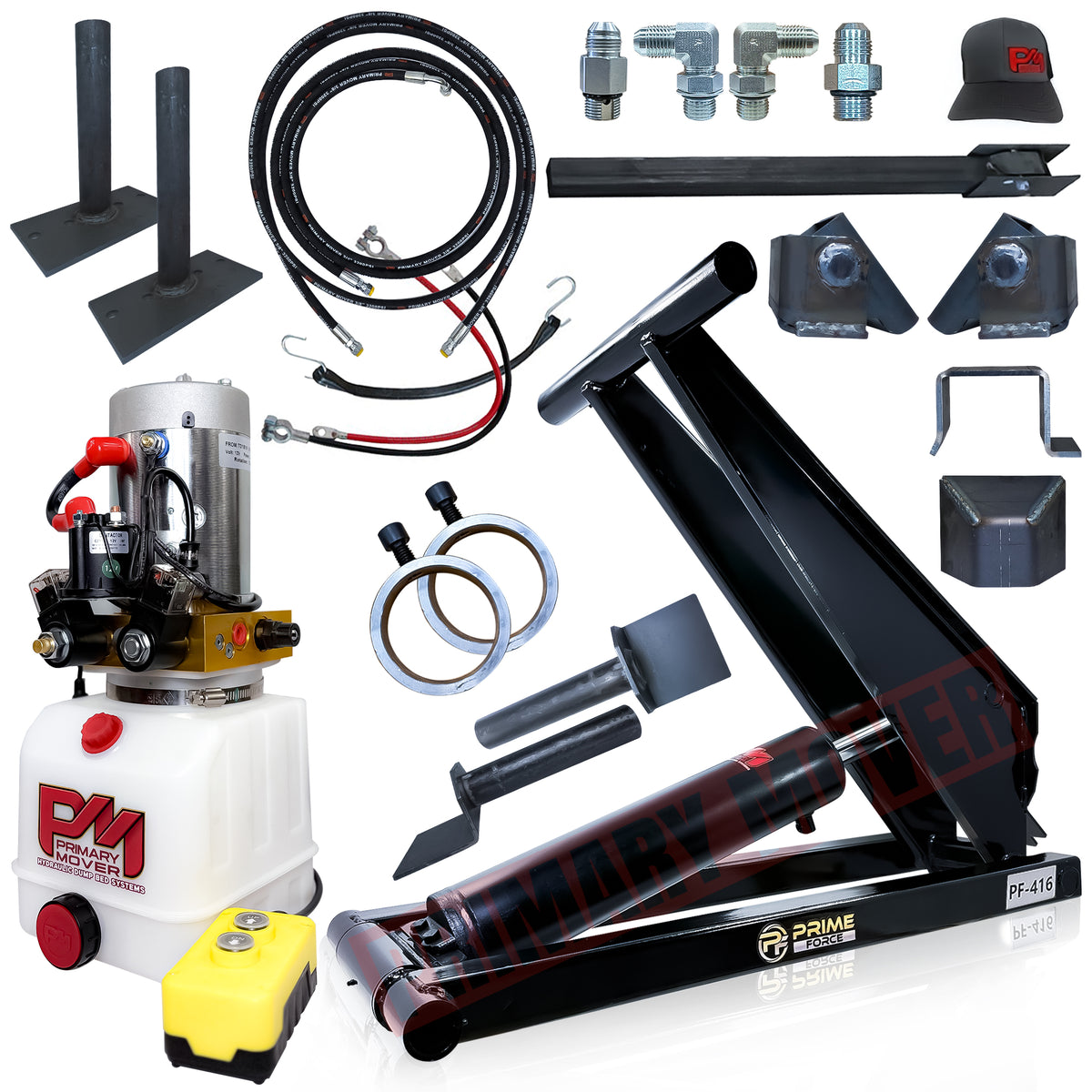 6 Ton Hydraulic Scissor Hoist Kit - Fits 10-14' Dump Body PF-416, showcasing a yellow and black device with buttons, ideal for compact heavy-duty lifting.