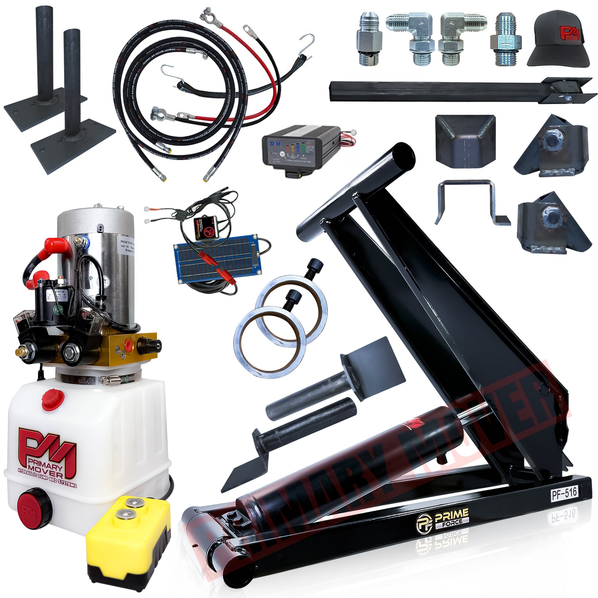 Close-up of PF-516 8 Ton Hydraulic Scissor Hoist Kit components, featuring a heavy-duty cylinder, mounting brackets, and hydraulic connectors for 10-14' dump body trailers.