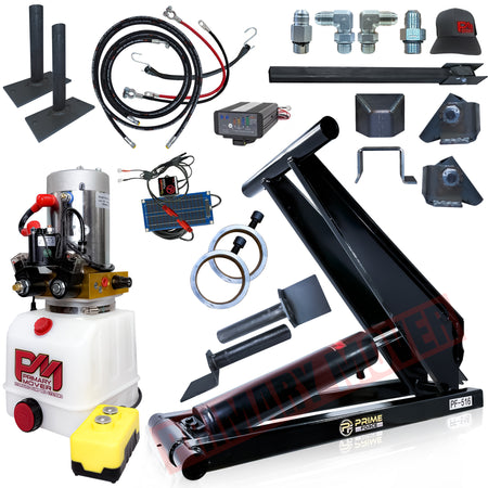 Close-up of PF-516 8 Ton Hydraulic Scissor Hoist Kit components, featuring a heavy-duty cylinder, mounting brackets, and hydraulic connectors for 10-14' dump body trailers.