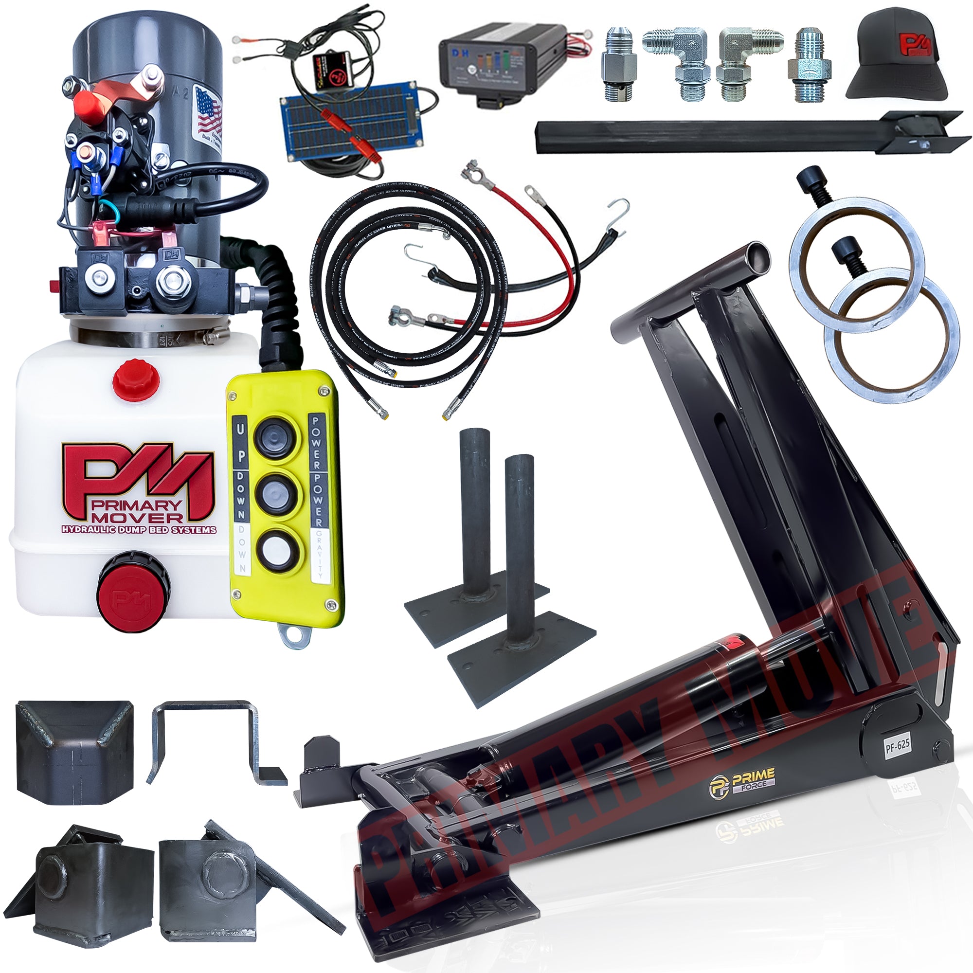 Close-up of the 12 Ton HD Hydraulic Scissor Hoist Kit's red knob and component details, highlighting robust construction for 16-20' dump trailers.