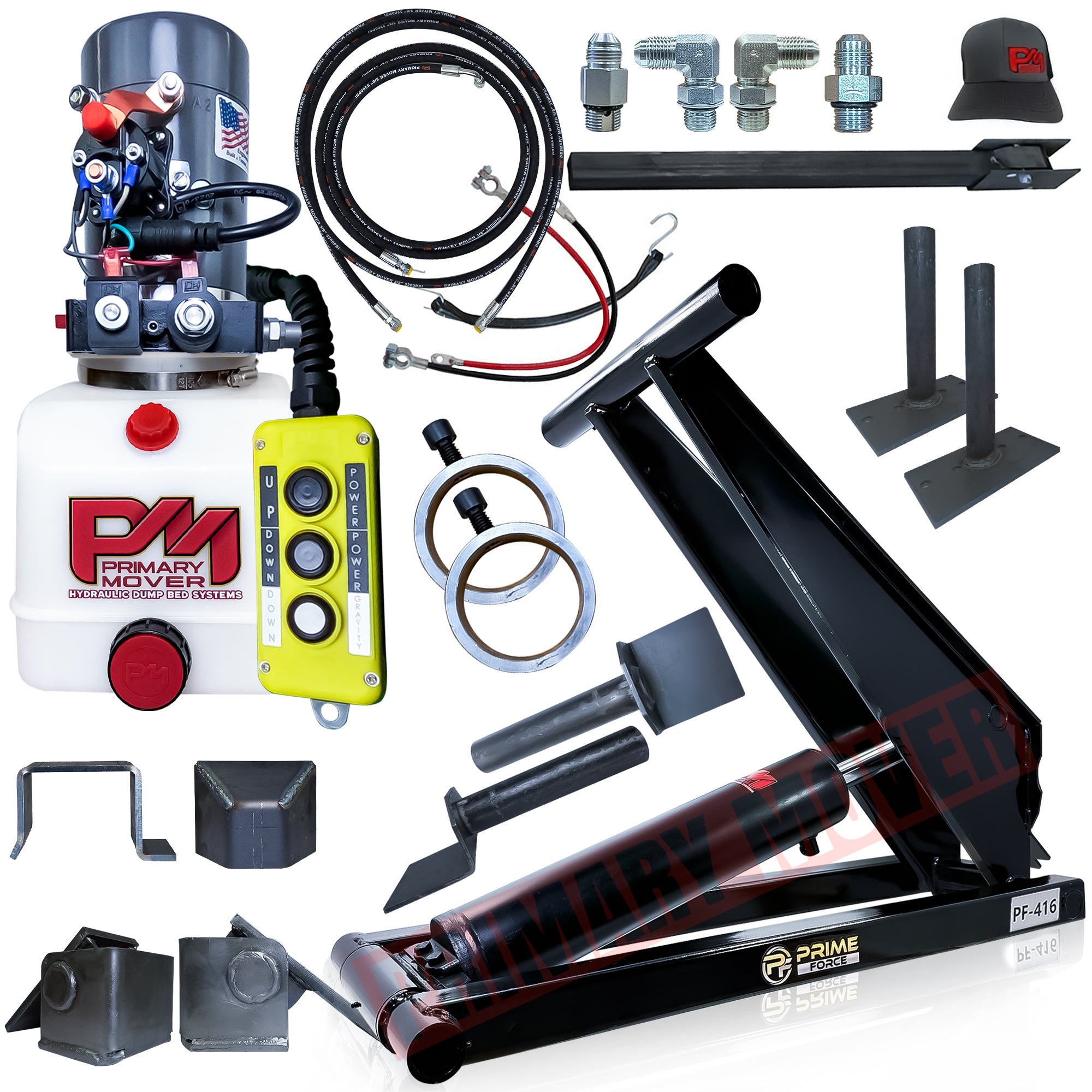 6 Ton Hydraulic Scissor Hoist Kit - Fits 10-14' Dump Body PF-416, showcasing a robust metal piece, red-black cap, and yellow component for enhanced lifting performance.