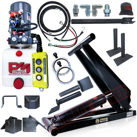 6 Ton Hydraulic Scissor Hoist Kit - Fits 10-14' Dump Body PF-416, showcasing a robust metal piece, red-black cap, and yellow component for enhanced lifting performance.