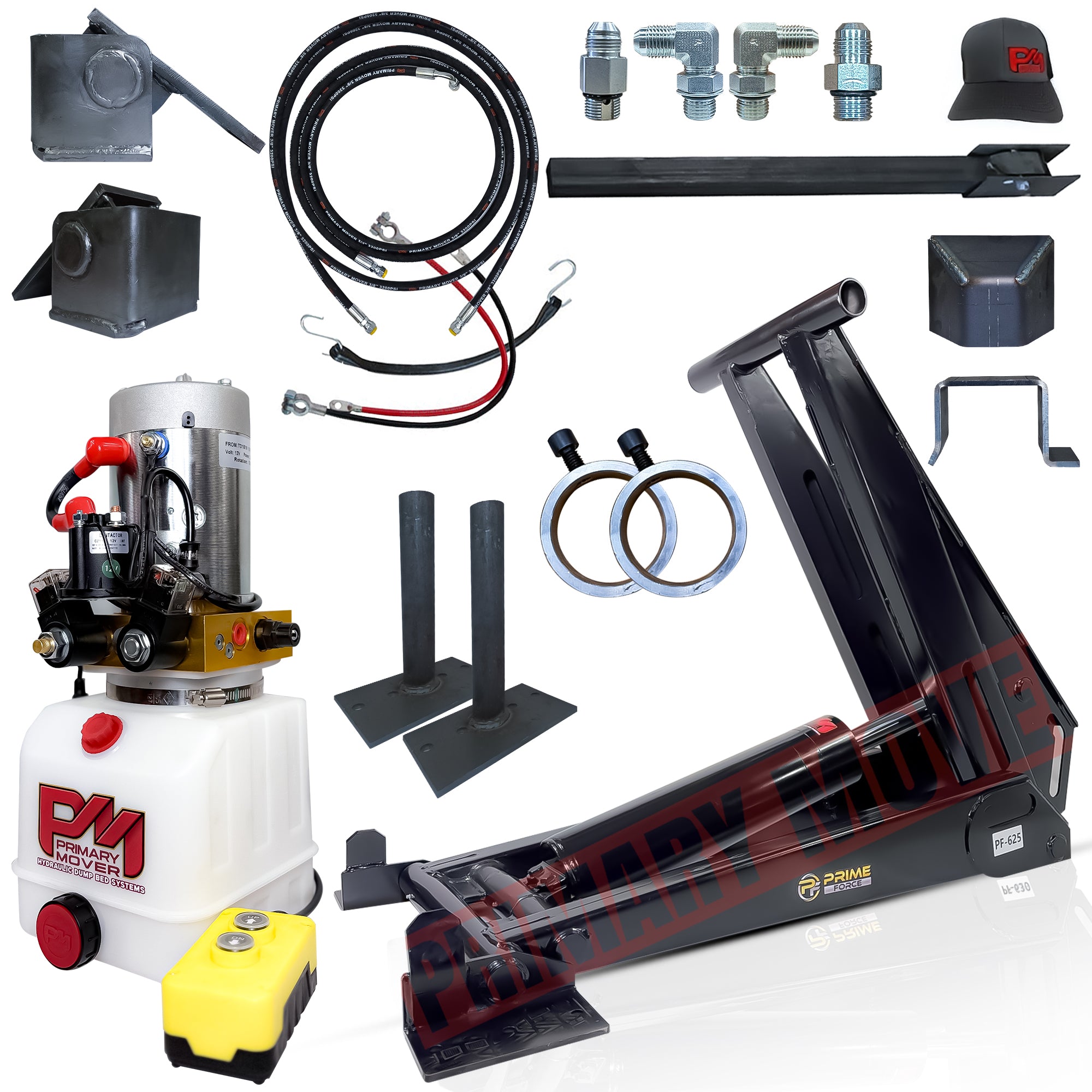 Close-up of the 12 Ton HD Hydraulic Scissor Hoist Kit PF-625, showcasing the robust cylinder and control buttons, designed for 16-20' dump trailers.