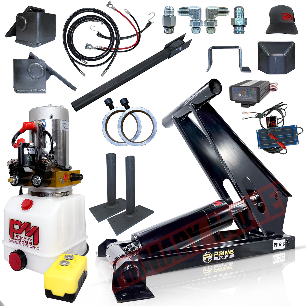 11 Ton Hydraulic Scissor Hoist Kit PF-616-6 for 12-16' Dump Body, showcasing close-ups of robust components, including a durable cylinder, integrated feet, and HD hinges.