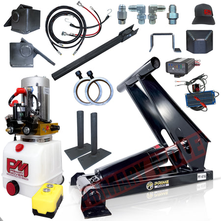 11 Ton Hydraulic Scissor Hoist Kit PF-616-6 for 12-16' Dump Body, showcasing close-ups of robust components, including a durable cylinder, integrated feet, and HD hinges.