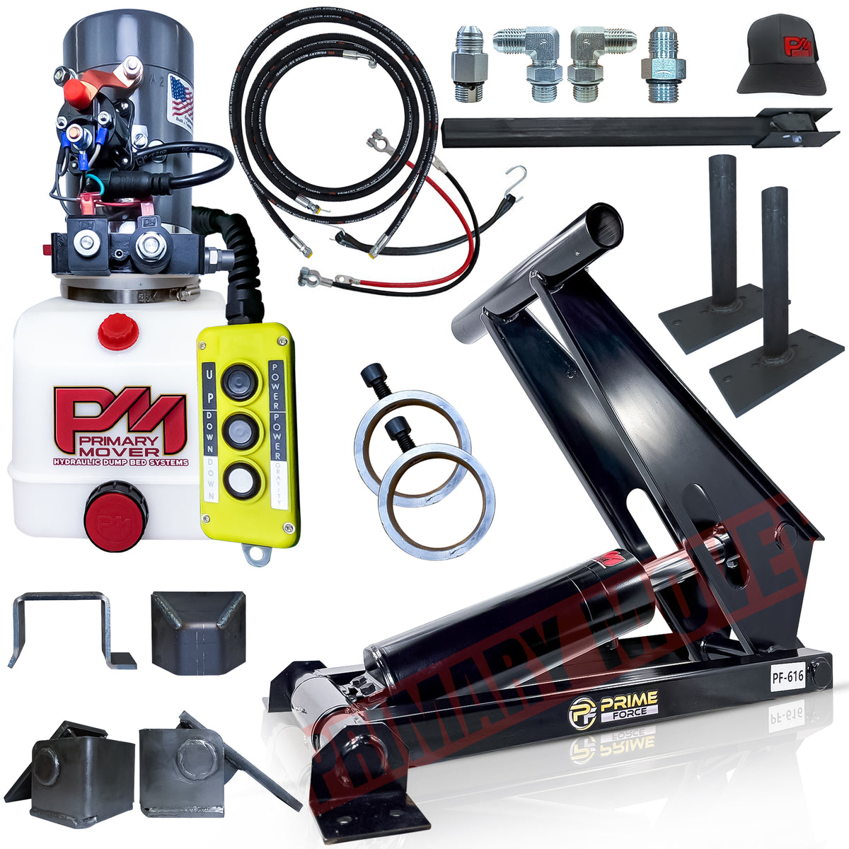 11 Ton Hydraulic Scissor Hoist Kit PF-616-6, featuring a robust 6.5 cylinder with HD hinges, suitable for 12-16' dump trailers.