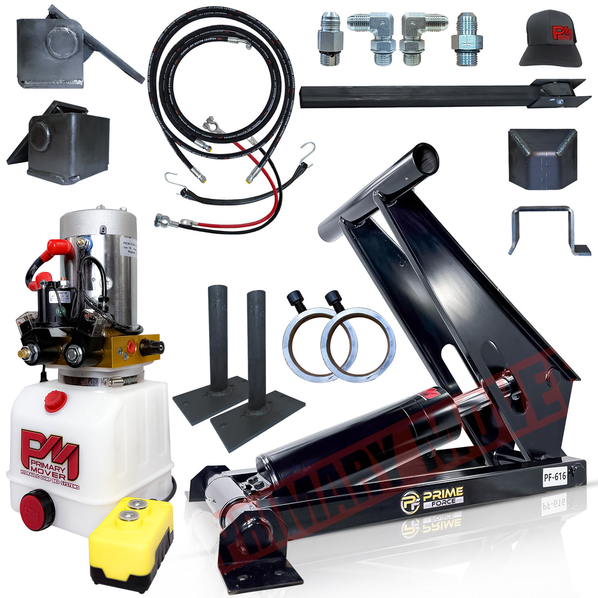 Close-up of the 11 Ton Hydraulic Scissor Hoist Kit PF-616-6, showing a robust cylinder and integrated HD hinges for 12-16' dump trailers.