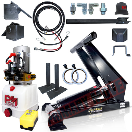 Close-up of the 11 Ton Hydraulic Scissor Hoist Kit PF-616-6, showing a robust cylinder and integrated HD hinges for 12-16' dump trailers.