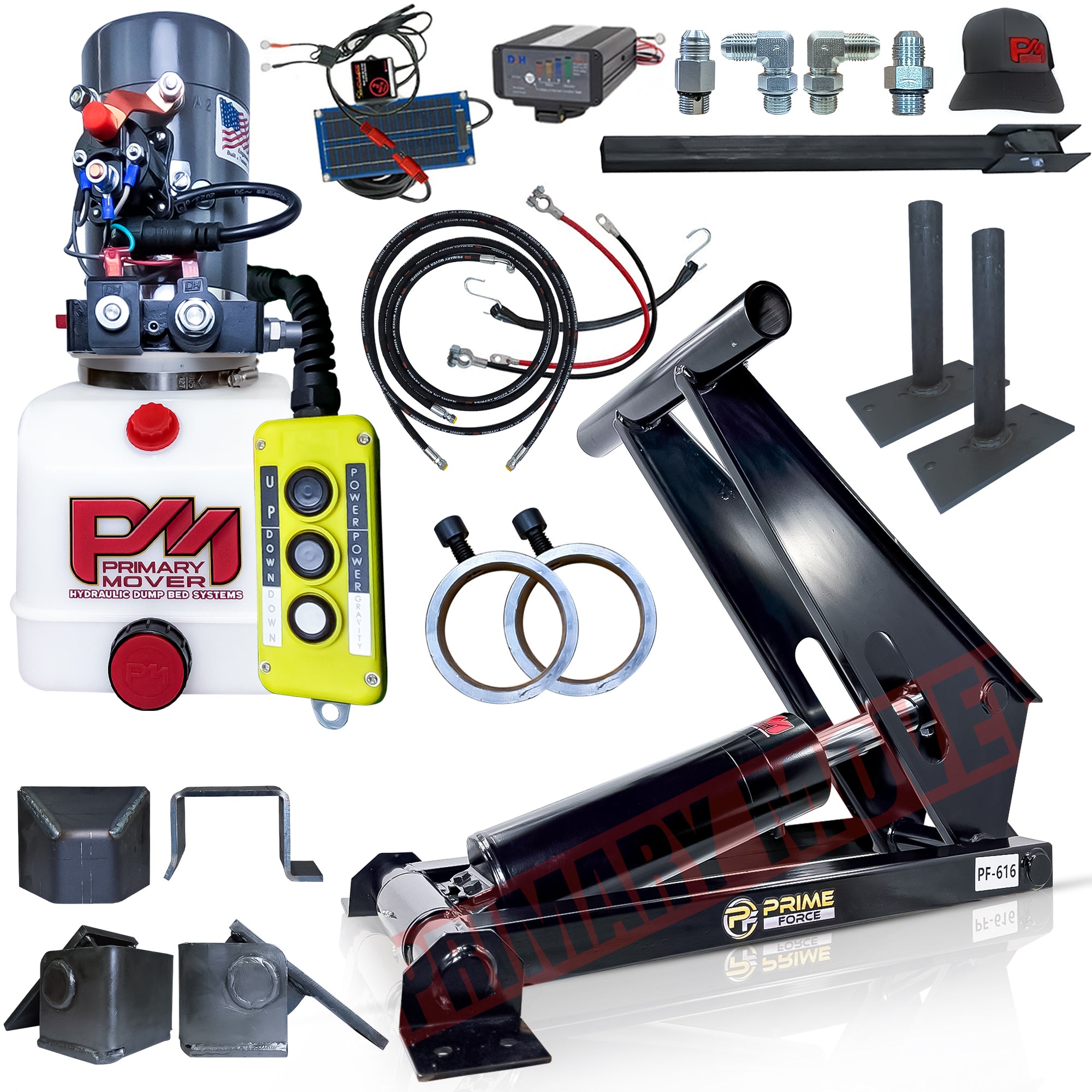 11 Ton Hydraulic Scissor Hoist Kit PF-616-6 features a 6.5 cylinder with red knob, ideal for 12-16' dump trailers.