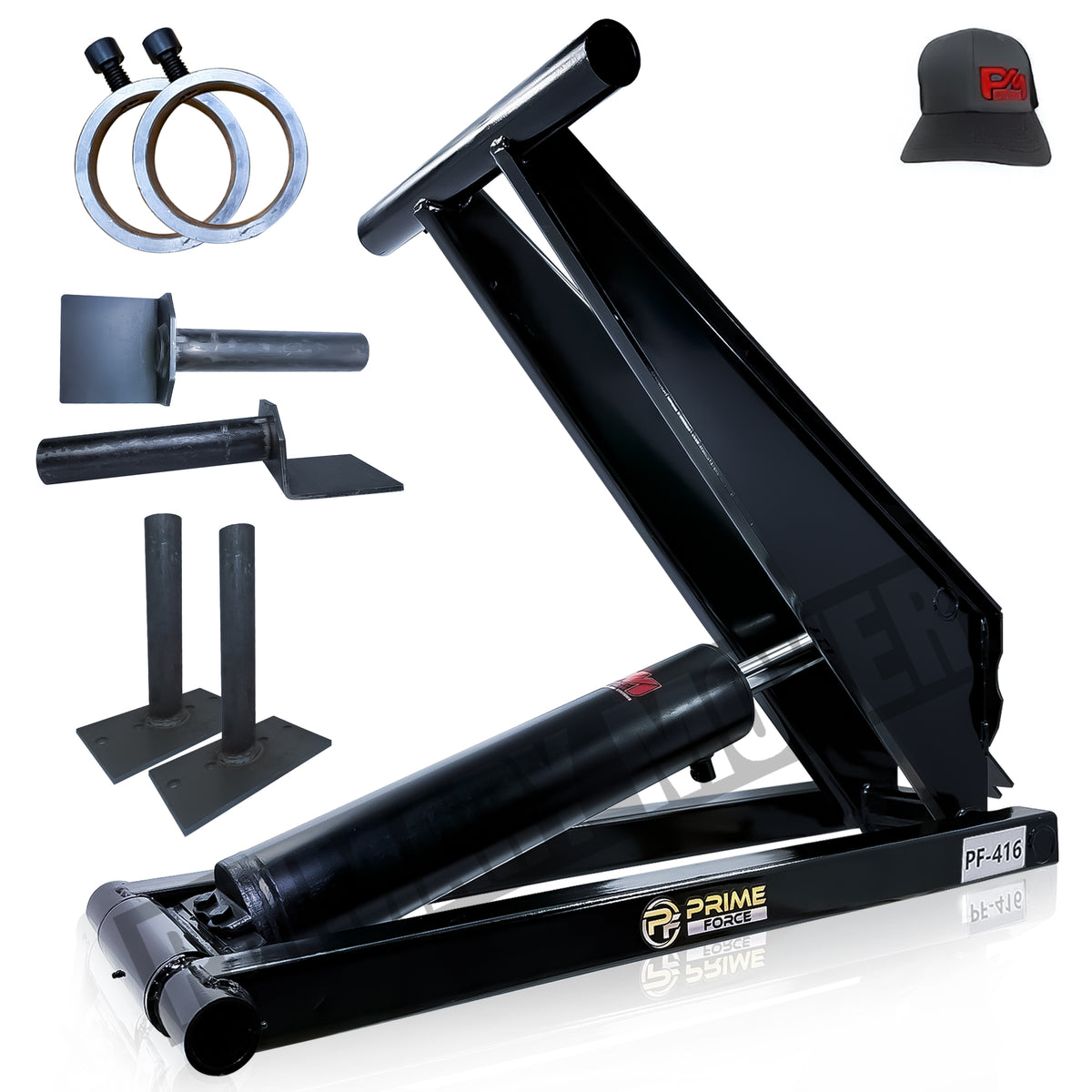 6 Ton Hydraulic Scissor Hoist Kit - PF-416, featuring a robust 5.5 cylinder, ideal for 10-14' dump trailers, shown with a black hat displaying a red logo.