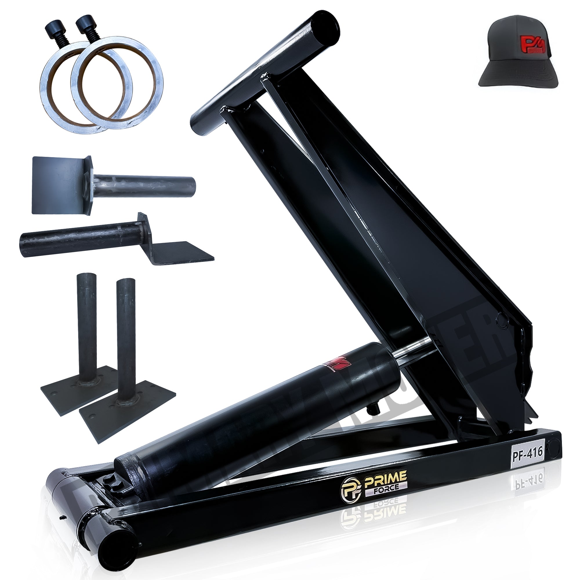 6 Ton Hydraulic Scissor Hoist Kit - PF-416, featuring a robust 5.5 cylinder, ideal for 10-14' dump trailers, shown with a black hat displaying a red logo.