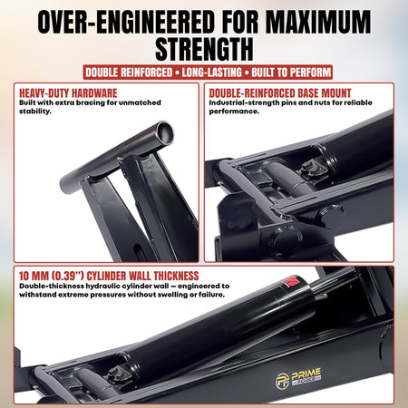 Title: 12 Ton HD Hydraulic Scissor Hoist Kit for 16-20' Dump Body
Meta Description: Discover the PF-625 hoist kit with reinforced construction, ideal for heavy-duty dump trailers, featuring a 6.5 cylinder and 10mm thick walls.
Alt Text: Prime Force hydraulic floor jack triptych showing reinforced jack arms, double-reinforced base, and 10mm cylinder wall, highlighting durability and strength.