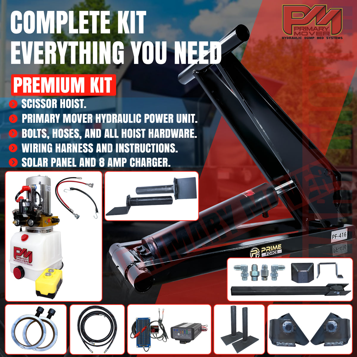 6 Ton Hydraulic Scissor Hoist Kit PF-416, featuring a robust cylinder and components for dump trailers, illustrated with a red sign and device close-up.