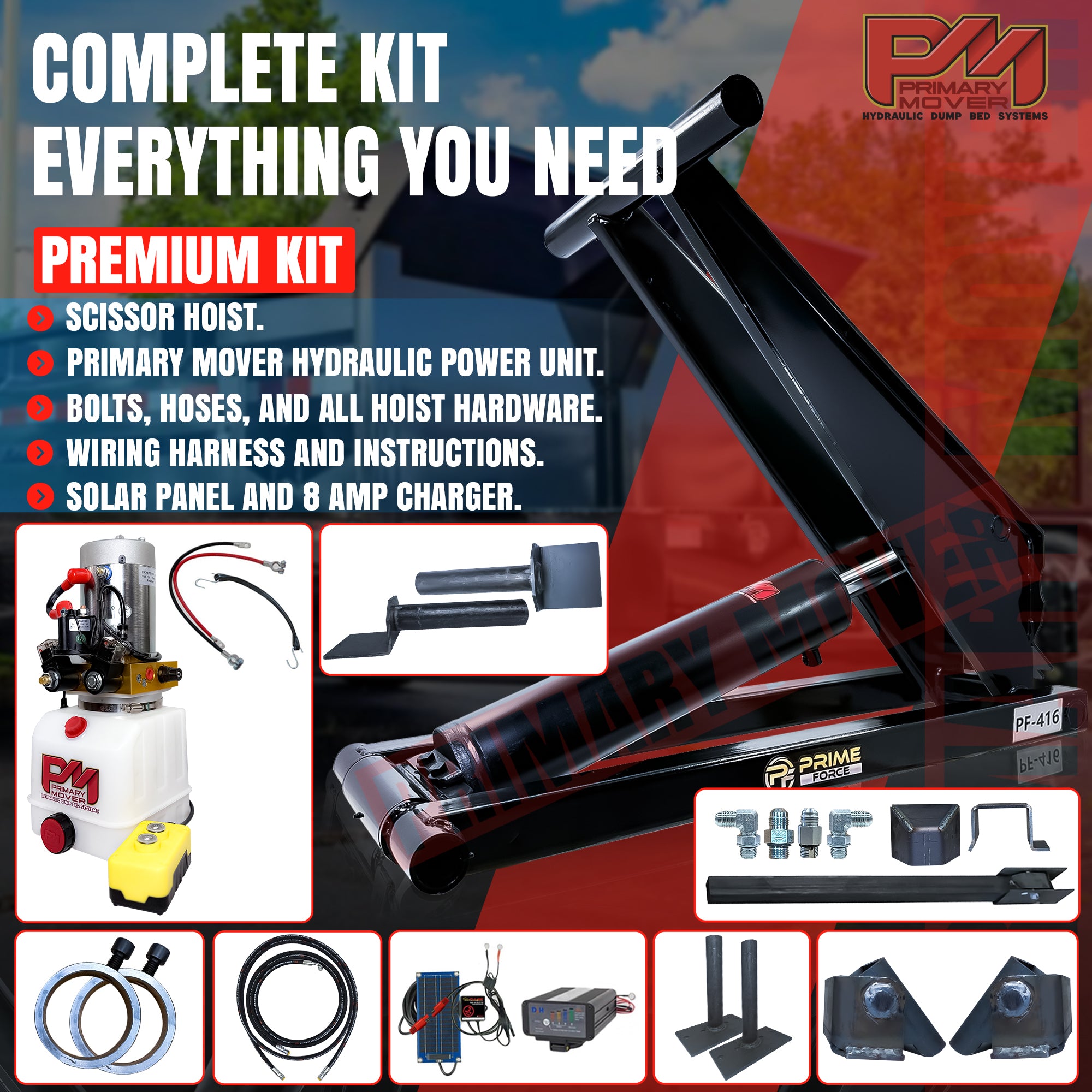 6 Ton Hydraulic Scissor Hoist Kit PF-416, featuring a robust cylinder and components for dump trailers, illustrated with a red sign and device close-up.