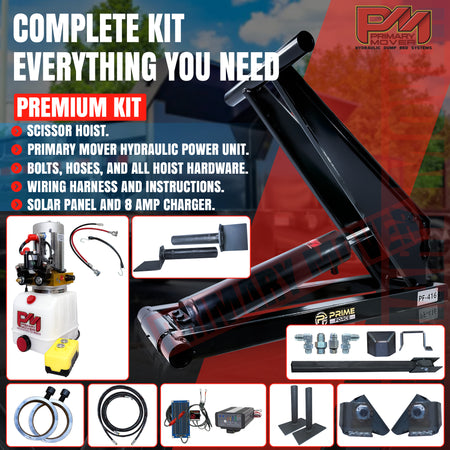 6 Ton Hydraulic Scissor Hoist Kit PF-416, featuring a robust cylinder and components for dump trailers, illustrated with a red sign and device close-up.