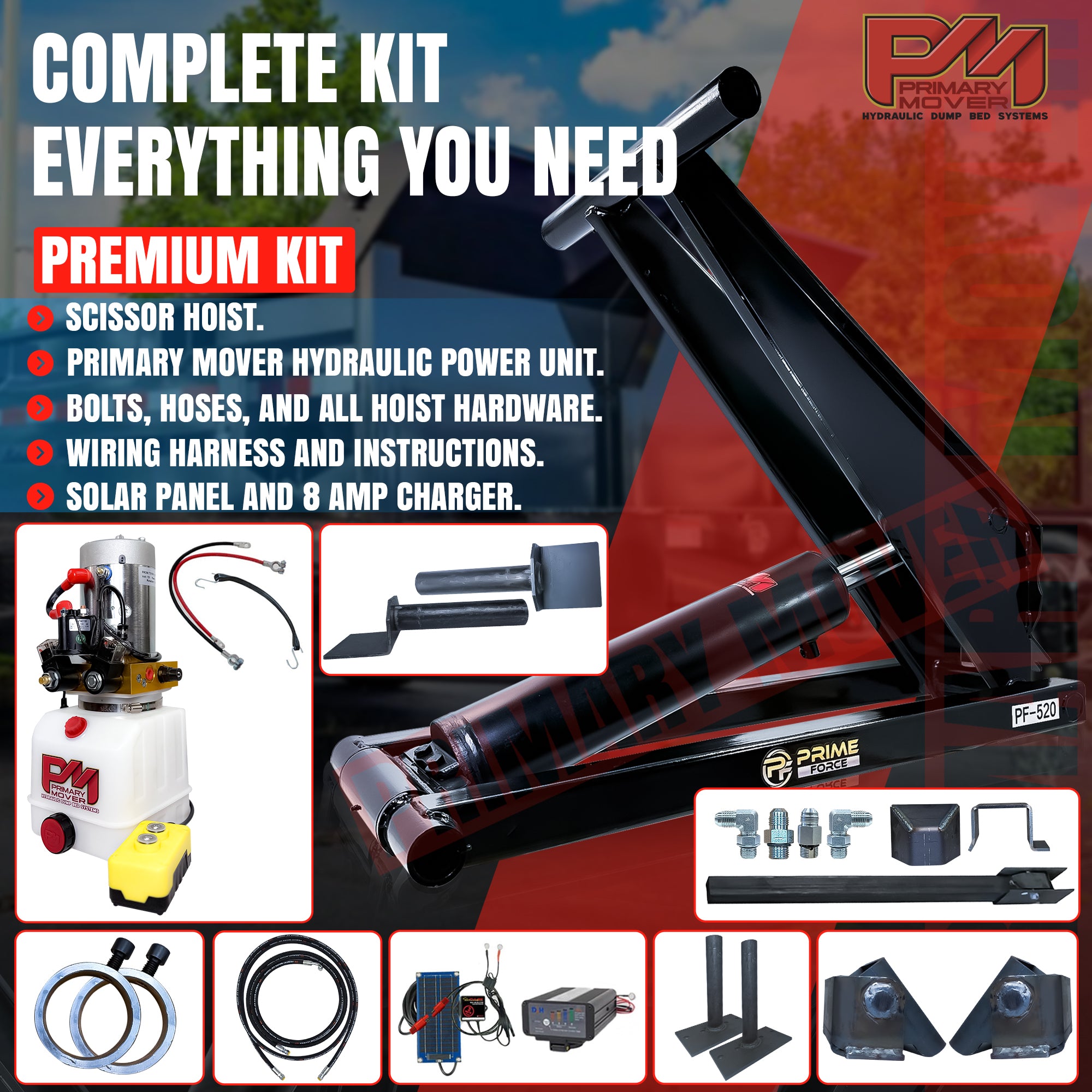 10 Ton Hydraulic Scissor Hoist Kit PF-520 with visible components like battery and close-up device, ideal for 12-16' dump trailers, showcasing durable construction and extended lift features.