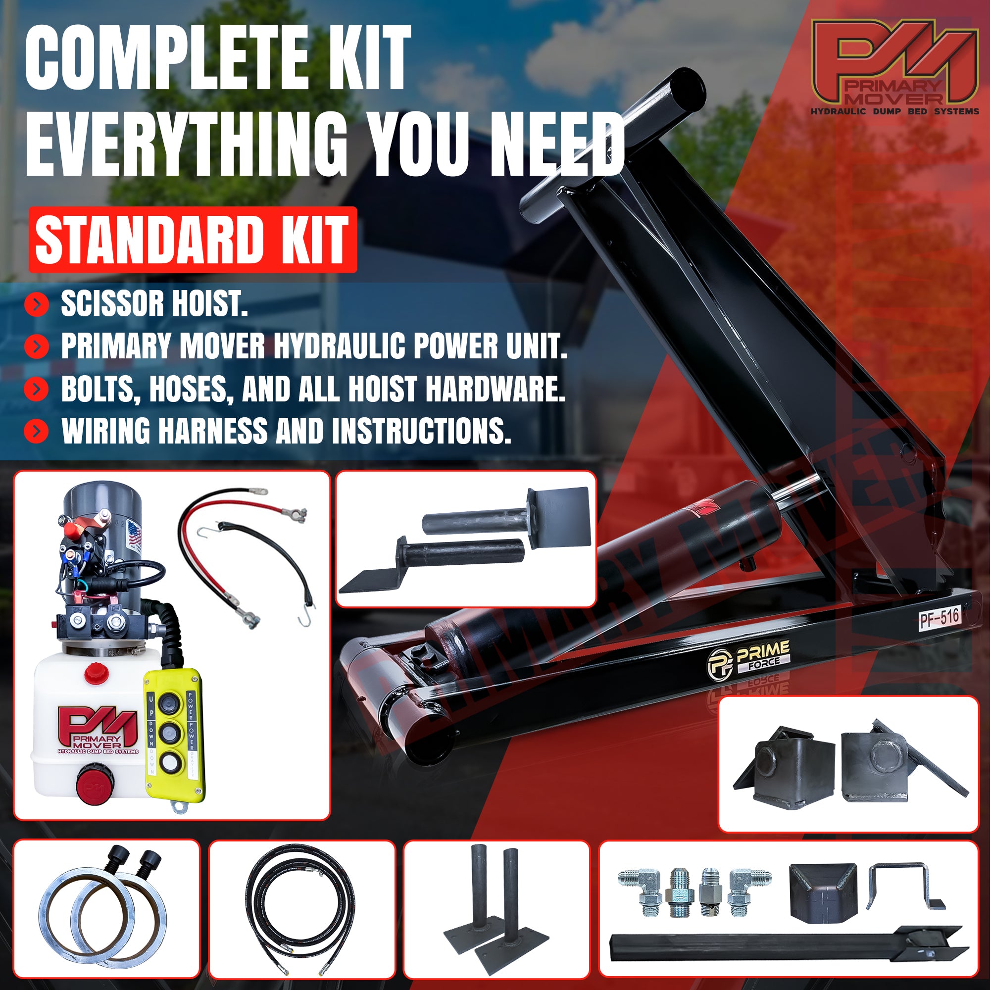 Close-up of the PF-516 Scissor Hoist Dump Trailer Kit, showcasing its heavy-duty cylinder and components for 8-ton lifting capacity in mid-sized trailers.