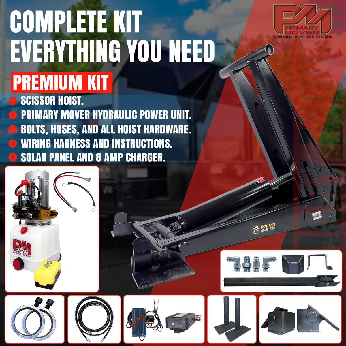 PF-630 HD Hydraulic Scissor Hoist Kit with 6.5 cylinder, designed for 18-24' dump trailers, shown with safety labels, mounting brackets, and key components.