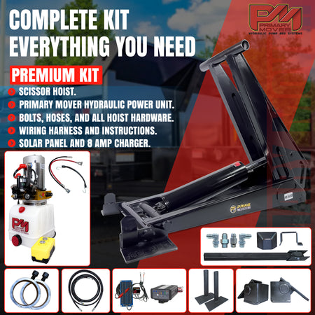 PF-630 HD Hydraulic Scissor Hoist Kit with 6.5 cylinder, designed for 18-24' dump trailers, shown with safety labels, mounting brackets, and key components.