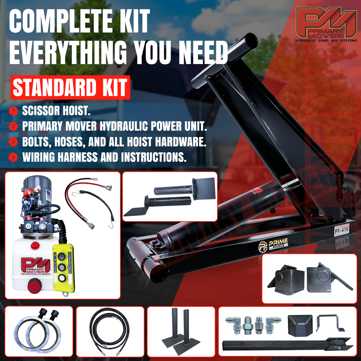 Close-up of the 6 Ton Hydraulic Scissor Hoist Kit - Fits 10-14' Dump Body PF-416, highlighting the upgraded 5.5 cylinder and robust construction.
