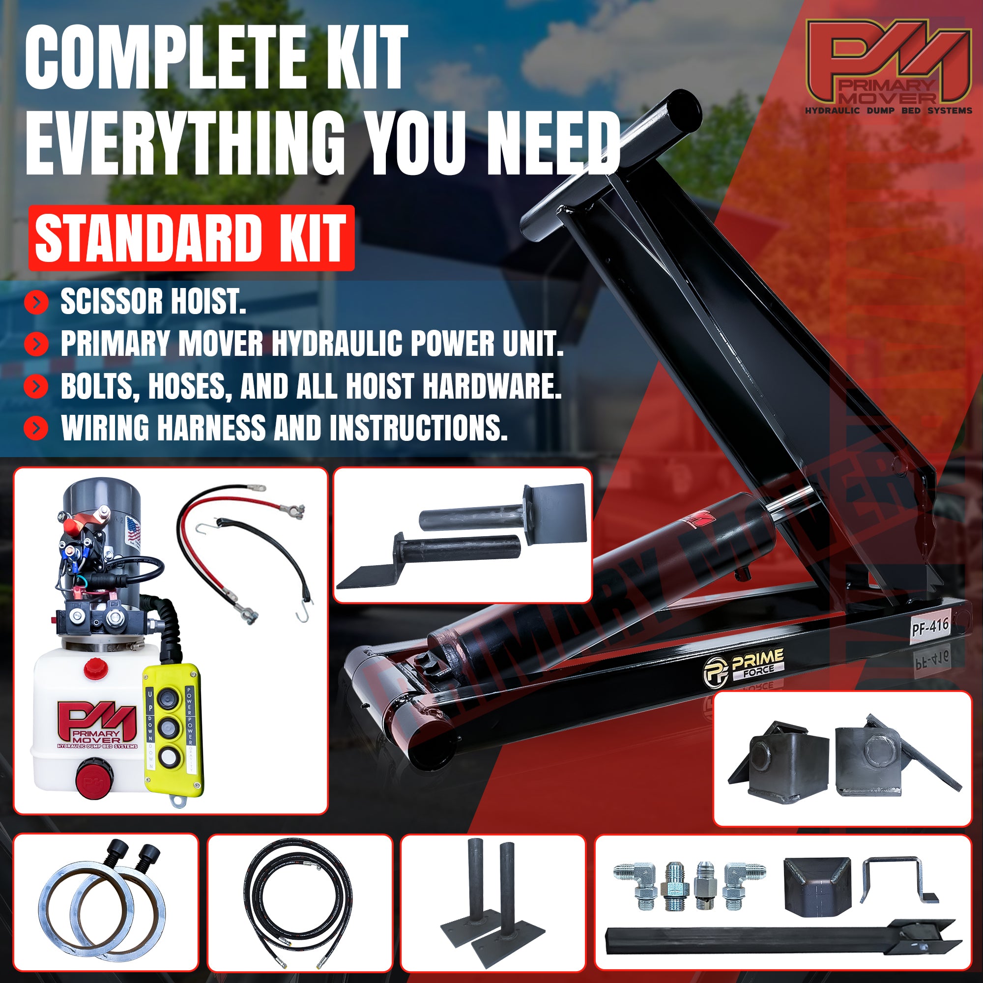 Close-up of the 6 Ton Hydraulic Scissor Hoist Kit - Fits 10-14' Dump Body PF-416, highlighting the upgraded 5.5 cylinder and robust construction.