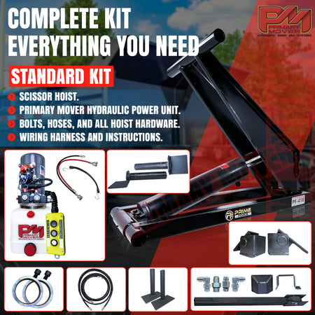 Close-up of the 6 Ton Hydraulic Scissor Hoist Kit - Fits 10-14' Dump Body PF-416, highlighting the upgraded 5.5 cylinder and robust construction.