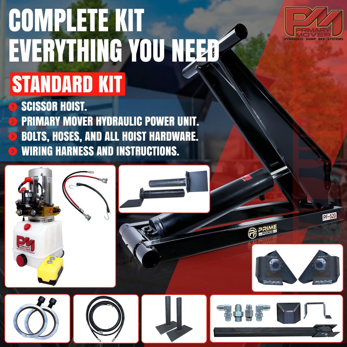 10 Ton Hydraulic Scissor Hoist Kit - Fits 12-16' Dump Body PF-520, featuring mounting brackets, a 5.5 cylinder, and hydraulic components for heavy-duty lifting.
