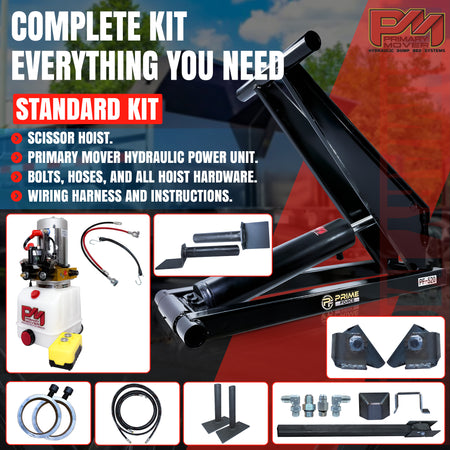 10 Ton Hydraulic Scissor Hoist Kit - Fits 12-16' Dump Body PF-520, featuring mounting brackets, a 5.5 cylinder, and hydraulic components for heavy-duty lifting.