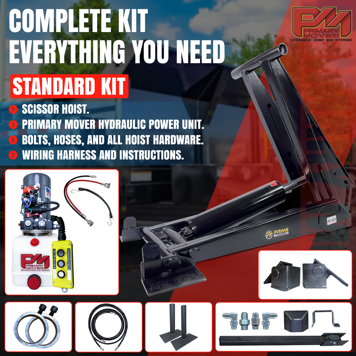 12 Ton HD Hydraulic Scissor Hoist Kit PF-625, optimized for 16-20' dump trailers, featuring a robust cylinder, reinforced frame, and premium components for heavy-duty lifting.
