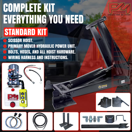 12 Ton HD Hydraulic Scissor Hoist Kit PF-625, optimized for 16-20' dump trailers, featuring a robust cylinder, reinforced frame, and premium components for heavy-duty lifting.