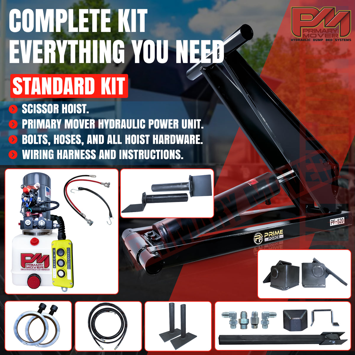 Close-up of the 10 Ton Hydraulic Scissor Hoist Kit PF-520, showcasing its durable components like the 5.5 cylinder designed for heavy-duty dump trailers.