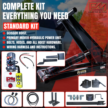 Close-up of the 10 Ton Hydraulic Scissor Hoist Kit PF-520, showcasing its durable components like the 5.5 cylinder designed for heavy-duty dump trailers.