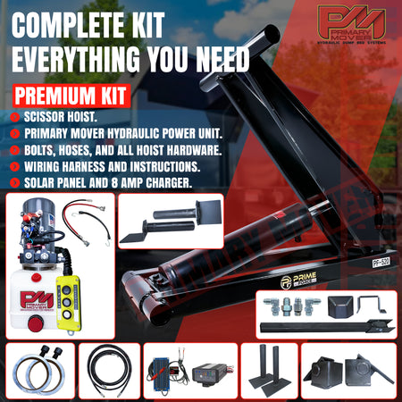 10 Ton Hydraulic Scissor Hoist Kit PF-520, featuring durable components, close-up of a machine, and a black box, ideal for 12-16' dump trailers.