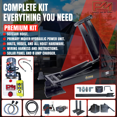 PF-630 HD Scissor Hoist Kit for 18-24' dump bodies, showcasing text graphic; features include a 14-ton lift capacity and durable construction for heavy-duty use.