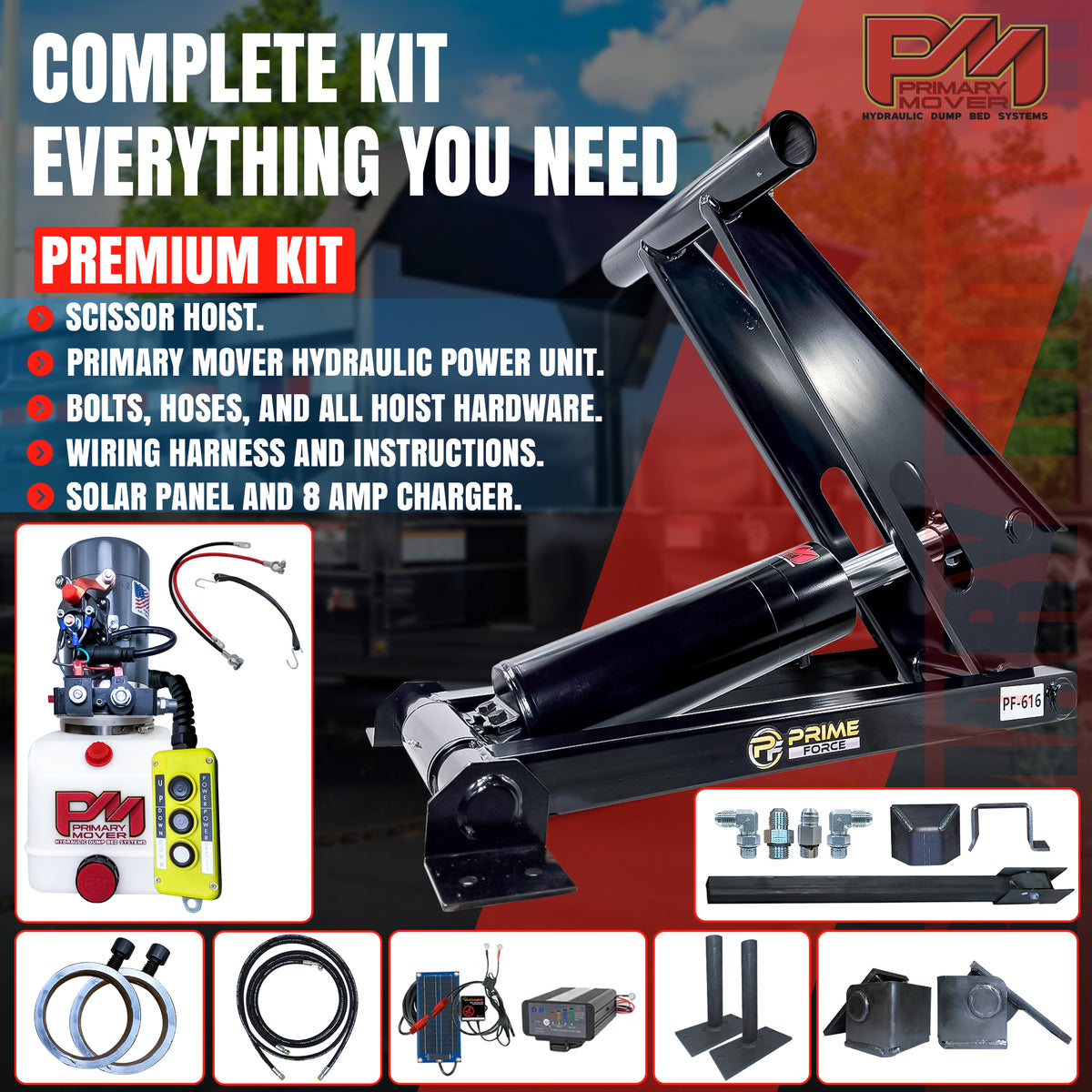 11 Ton Hydraulic Scissor Hoist Kit PF-616-6, featuring a robust hoist with integrated mounts and hinges, ideal for 12-16' dump trailers.