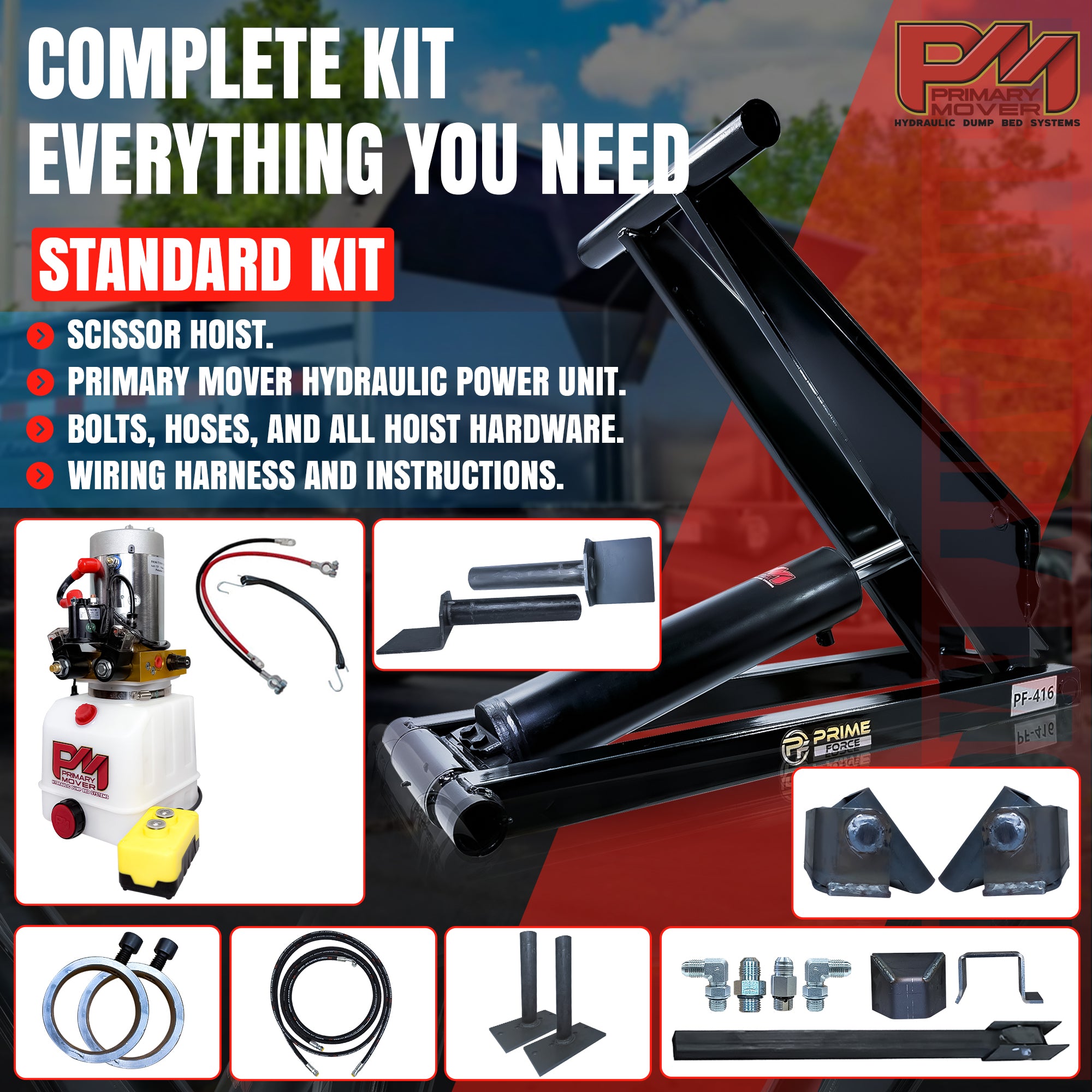 6 Ton Hydraulic Scissor Hoist Kit PF-416, featuring upgraded cylinder, rings for mounting, and battery, ideal for 10-14' dump trailers, enhancing lift capacity and durability.