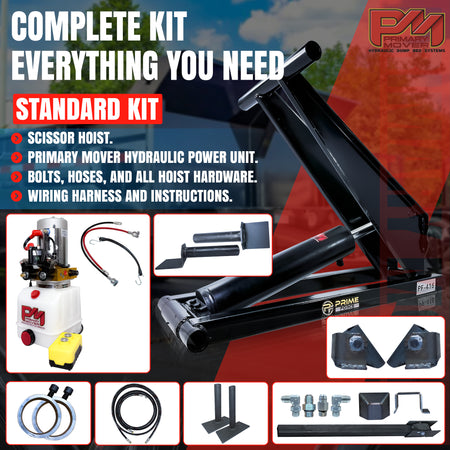 6 Ton Hydraulic Scissor Hoist Kit PF-416, featuring upgraded cylinder, rings for mounting, and battery, ideal for 10-14' dump trailers, enhancing lift capacity and durability.