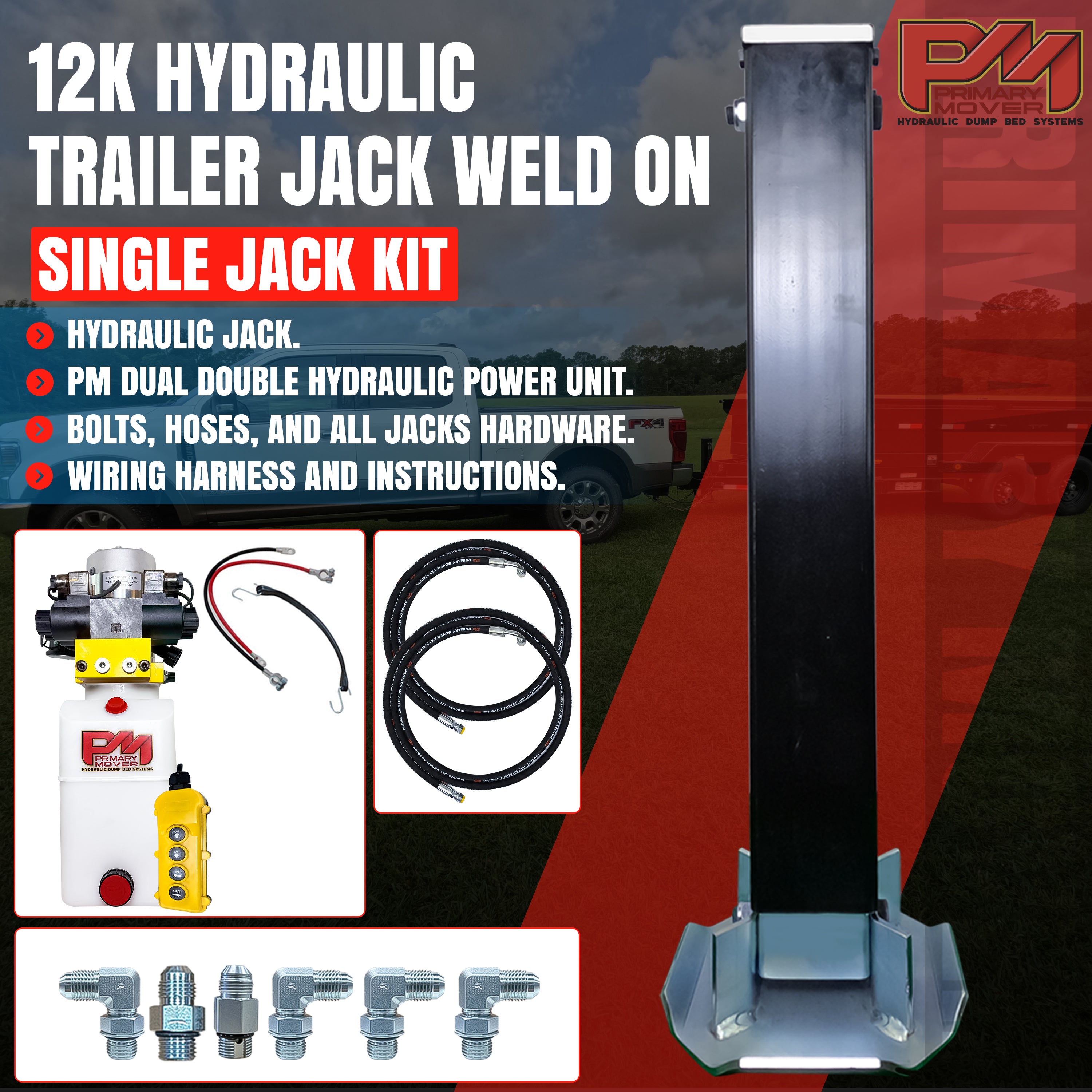 12K Single Hydraulic Trailer Jack Leg (Dual Double) Kit, shown in a graphic with text highlighting its dual functionality for jacks and dump beds, emphasizing strength and simplicity.