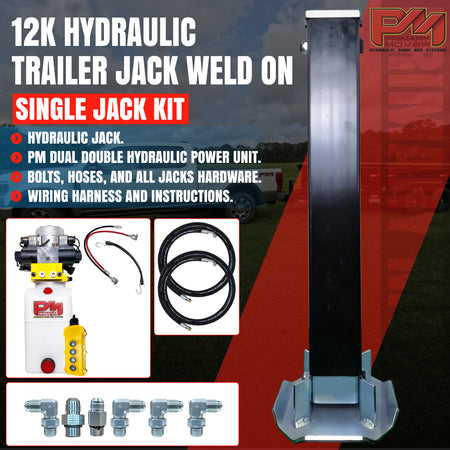 12K Single Hydraulic Trailer Jack Leg (Dual Double) Kit, shown in a graphic with text highlighting its dual functionality for jacks and dump beds, emphasizing strength and simplicity.