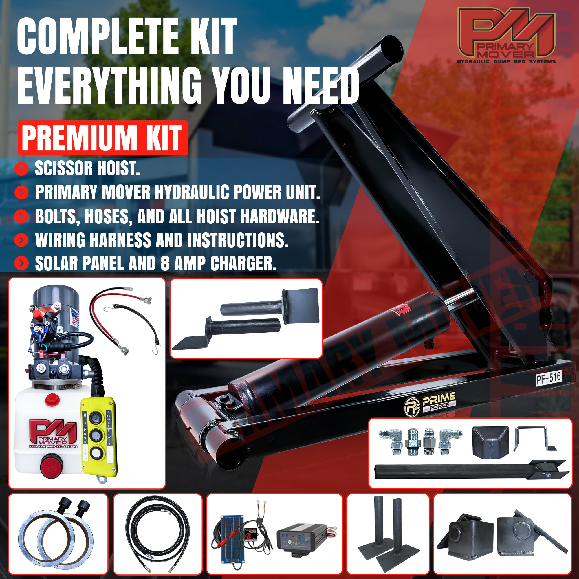 8 Ton Hydraulic Scissor Hoist Kit PF-516 for 10-14' dump bodies, featuring a robust cylinder and durable mounting brackets, ideal for heavy lifting.